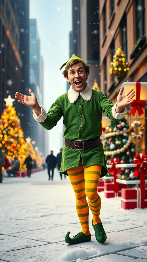 Buddy the Elf spreading Christmas cheer in a snowy New York City.